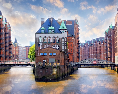 Buildings in the warehouse district, Hamburg, Germany beside canals